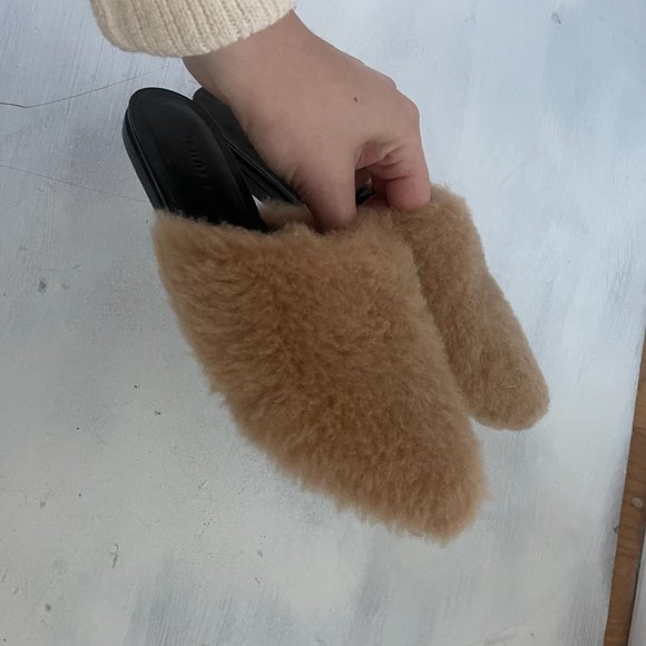 Jenni Kayne Shearling Mules Slip On Flats Semi-Pointed Toe Tan - Picture 7 of 9